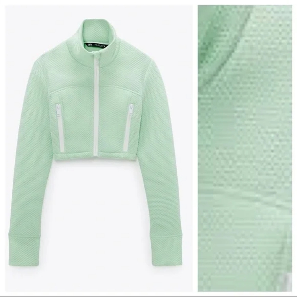 Zara Womens Mint Apple Green Cropped Full Zip Up Jacket
